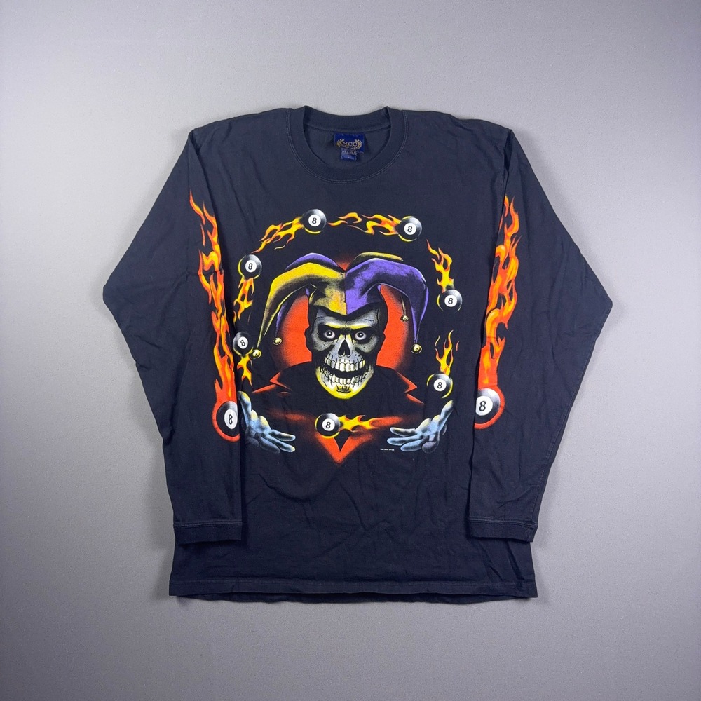 Vintage 2002 Jester Skull Flaming 8 Ball Long Sleeve Shirt Black Large 00s Y2K